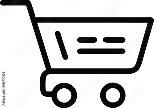 Black shopping cart outline with bold lines, circles for wheels presents simple retail concept