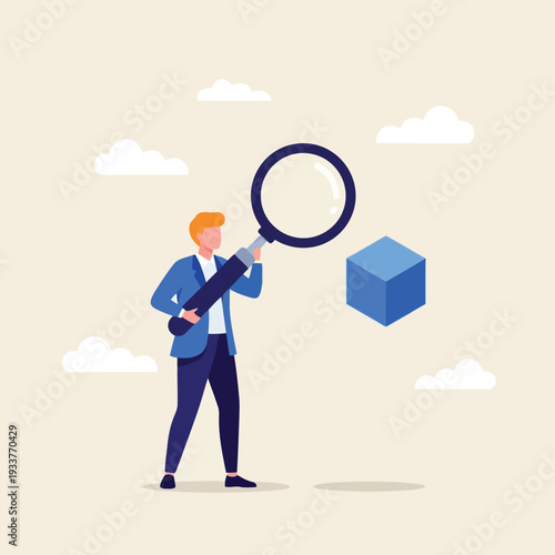 Man with magnifying glass examining a blue cube against a light background with clouds