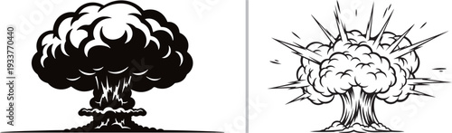 A high-contrast vector set featuring a solid black mushroom cloud silhouette on the left and a detailed line-art version of a mushroom cloud with radiating energy sparks on the right.