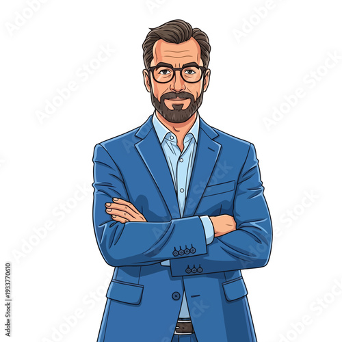 Confident businessman wearing a blue suit and glasses, with arms crossed and a slight smile