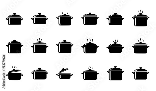 Black and White Cooking Pot Icon Collection in Minimalist Vector Style for Food Branding