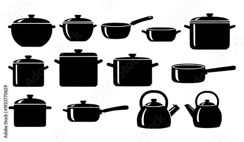 Geometric Black and White Cooking Pot Icon Set Vector for Minimalist Kitchen Design