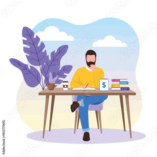 Man sitting at a desk, working on a laptop and writing in a notebook, with plants and coffee on the table