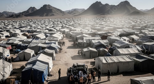 Refugee Camp with Tents and Mountains.