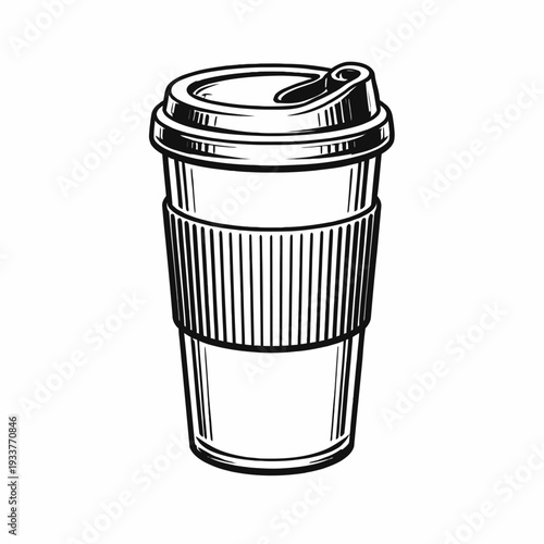 A disposable coffee cup with a lid, illustrated in a minimalist style, viewed from the side.