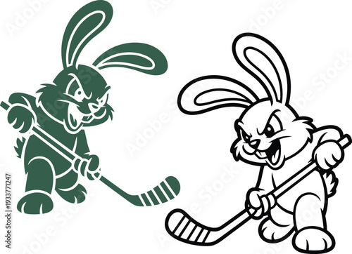 Illustration of two fierce rabbits playing hockey with determined expressions