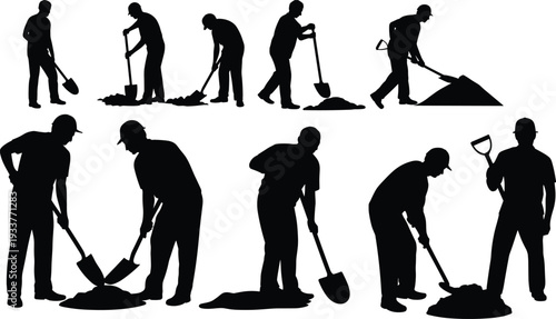 Construction workers digging and shoveling silhouettes set, laborers performing ground excavation work isolated on white background flat vector illustration collection