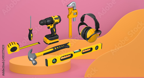 Wallpaper Mural Construction tools and safety equipment floating over podium on abstract background, industrial work and protection concept Torontodigital.ca