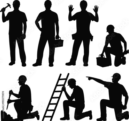 Construction workers silhouette set, professional builder team with tools, hammer ladder toolbox, industrial labor poses, black vector illustration isolated on white
