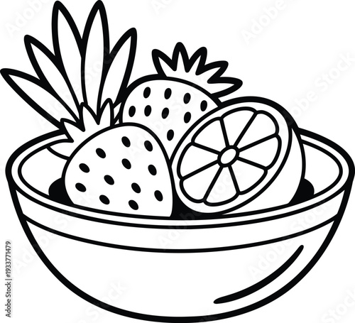 Simple black and white line drawing of a bowl of fresh fruit