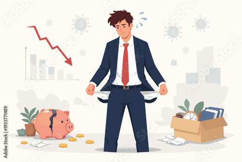 Broke businessman facing bankruptcy and financial problems due to unemployment and job loss during the coronavirus pandemic, sad man with empty pockets, broken piggy bank, and falling stock market.