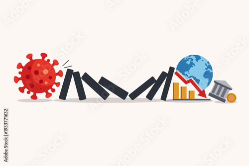 Coronavirus COVID-19 crisis impact on financial and world economy creating a domino effect leading to global recession, stock market crash, and banking instability represented by falling dominoes.