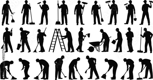 Janitor and cleaner workers silhouette set, professional cleaning staff with broom mop ladder wheelbarrow tools, black vector illustration isolated on white background