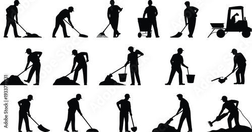 Landscaping and cleaning worker silhouettes collection, gardeners digging, sweeping and carrying tools with machinery, industrial black vector illustration isolated on white background