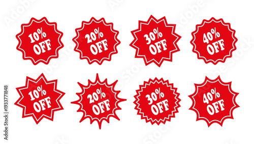 Circle, round sale price stickers. Red tag product labels. Star burst splash badges. Discount promo stamps. Set starburst shapes. Vector illustration.