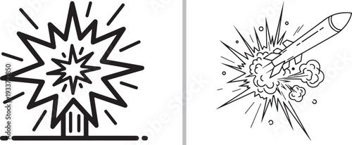 Black and white line art featuring a sharp comic-style explosion starburst and a missile or rocket mid-blast with smoke trails.
