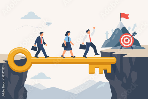 Business team walking on a giant golden key bridge to cross a mountain gap towards a target and red flag, representing success, strategic solution to solve problems, and overcoming obstacles.