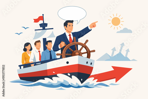 Business Leadership Concept with a Manager Steering a Ship Towards Success and Growth, Leading a Professional Team with Vision, Strategy, and Motivation to Achieve Corporate Goals and Progress.