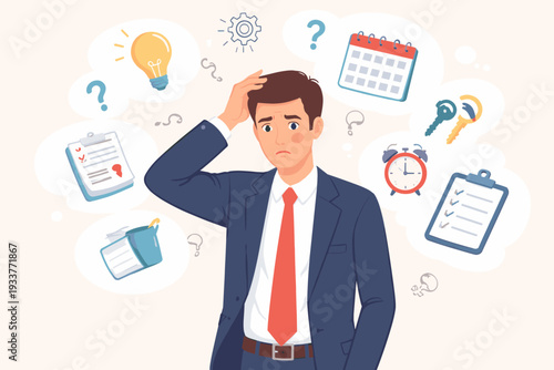 Stressed businessman suffering from memory loss and confusion, forgetting tasks like meetings, keys, and deadlines. Illustration of dementia, cognitive decline, or work-related stress and anxiety.
