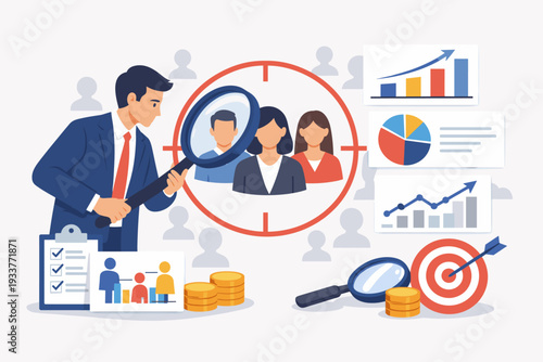 Marketing Target Audience Research and Business Analysis to Increase Sales with Focused Customer Group Segmentation, Data Visualization Charts, Magnifying Glass, and Strategic Planning Concept.