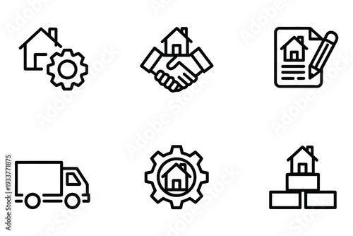 Wallpaper Mural Real Estate Icons: House, Gear, Handshake, Document, Truck, Bricks - Vector Illustration Torontodigital.ca