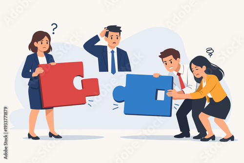 Business Team Trying to Connect Mismatched Jigsaw Puzzle Pieces Representing Wrong Decision, Failure of Incorrect Solution, Mismanagement, Incompatibility, and Corporate Problem Solving Issues.