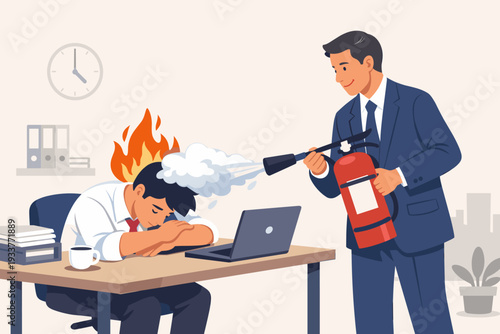 Manager using fire extinguisher to cool down exhausted employee with head on fire, metaphor for workplace burnout, stress relief, mental health support, mentorship, and corporate leadership.