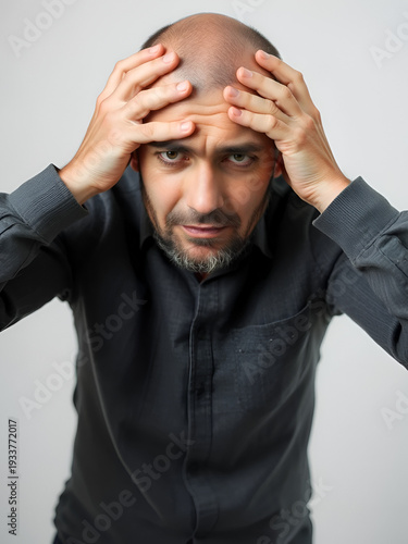 mature man suffer from headache and feel unhappy, copy space, migraine