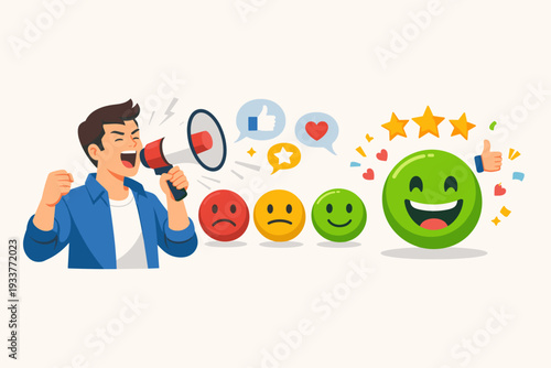 Man with megaphone giving customer satisfaction feedback and rating evaluation with various emoji faces from sad to happy, representing client review, service experience, and survey results.