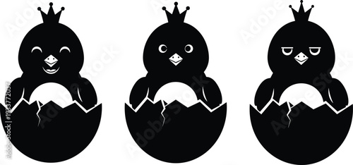 Cute chick prince hatching from egg vector illustration set, cartoon baby bird with crown black silhouette design