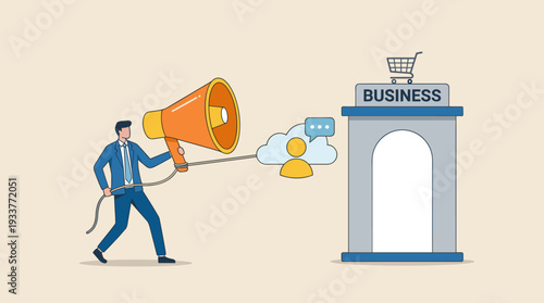 Effective Digital Social Media Marketing Concept Featuring Businessman Using Megaphone to Pull Customer Icon into Business Building for Lead Generation and Acquisition Strategy to Drive Growth and