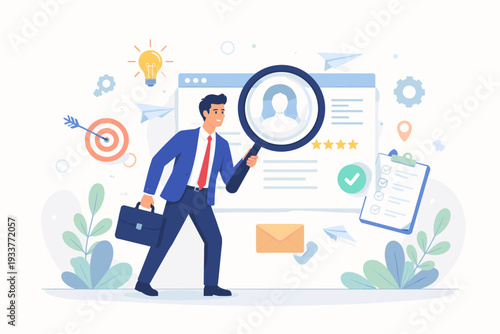 Recruitment and talent acquisition concept with businessman holding magnifying glass to find best candidate for job vacancy, career opportunity search, human resources, and hiring process