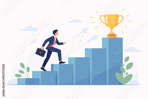 Businessman in a suit climbing stairs towards a golden trophy, representing career growth, goal achievement, professional success, progress, and the journey to reach the top in business.