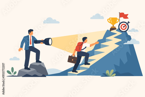 Professional Business Manager Using Flashlight to Guide Employee Up a Mountain Path Towards Career Success, Achievement, and Goals with Trophy and Target. Leadership, Mentorship, and Support.