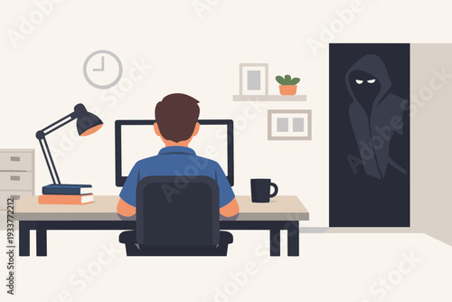 Man Working on Computer in Office While a Mysterious Hooded Stalker Watches Him from the Shadows, Concept of Cyberstalking, Privacy Invasion, Surveillance, and Personal Security Threat Vector