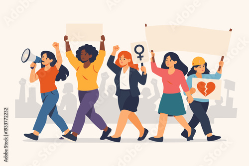 Diverse Group of Women Marching for Equality and Human Rights, Holding Blank Signs and Megaphone, Fighting Against Violence and Discrimination, Vector Illustration of Feminist Protest and Activism