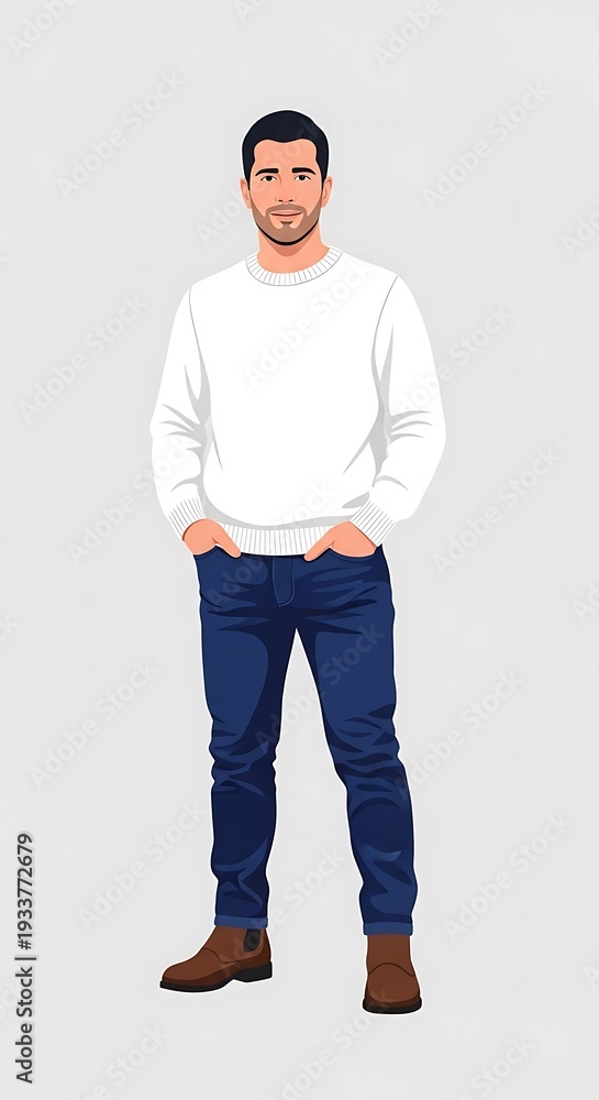 Naklejka premium Man wearing white sweater and blue jeans.