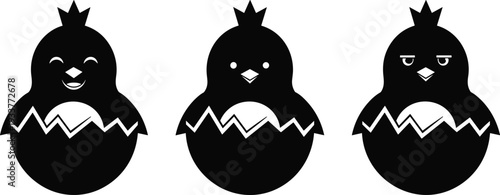 Cute crowned chick hatching from egg vector illustration set, cartoon baby bird black silhouette isolated design