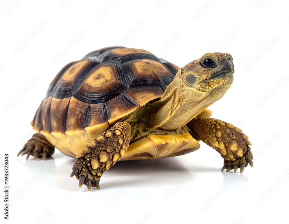 Obraz premium A brown tortoise with a patterned shell on a glossy white surface, facing the viewer