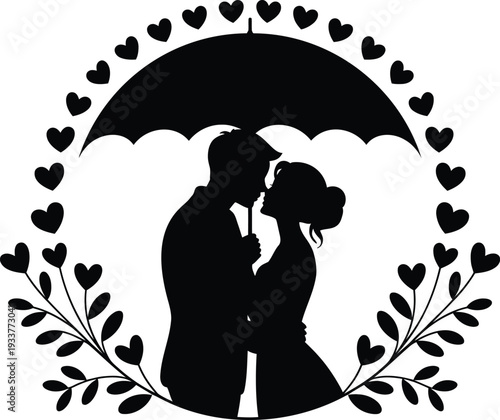 Silhouette of a romantic couple sharing a kiss under a moonlit sky