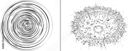 A black and white vector set featuring a high-speed hypnotic vortex alongside a detailed aerial view of a massive impact crater with flying debris and radiating shockwaves.