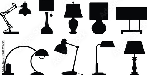 Modern and Classic Table Desk Floor Lamp Silhouettes Collection, Black Lighting Fixtures Vector Set for Interior Design Projects