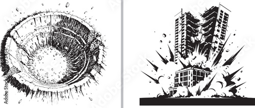 Black and white vector art featuring a massive impact crater next to a skyscraper collapsing from a powerful explosion.