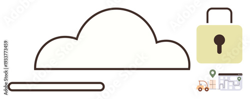 Cloud storage, supply chain management, cybersecurity, digital navigation, data protection, online delivery. Minimalist cloud with lock, map and truck icon storage and logistics. Cloud storage