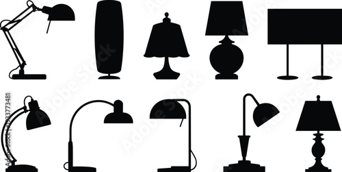 Modern and Vintage Table Lamp Silhouettes Collection Isolated on White Background, Decorative Lighting Vector Set for Interior Design Projects