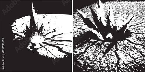 A black and white vector set illustrating powerful ground impacts. Features include a high-contrast blast with jagged debris and a deep crater with realistic earth cracks and radiating fissures.
