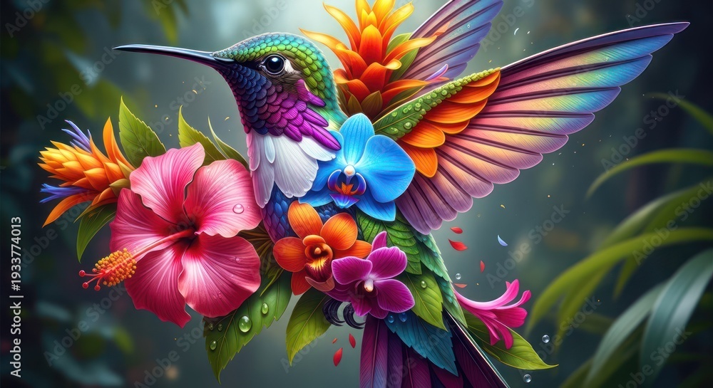 Fototapeta premium A vibrant, colorful hummingbird with a floral design, set against a blurred green background.