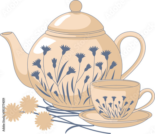 Elegant teapot and cup set with floral blue design on cream ceramic