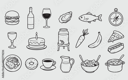 Culinary Collection: A curated ensemble of illustrated food and drink items, meticulously outlined and ready for culinary ventures.