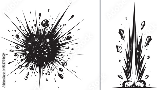 Two dynamic black and white vector splashes: one a messy, ink-splatter explosion with droplets, the other a sharp, upward-bursting blast with flying shards and debris.